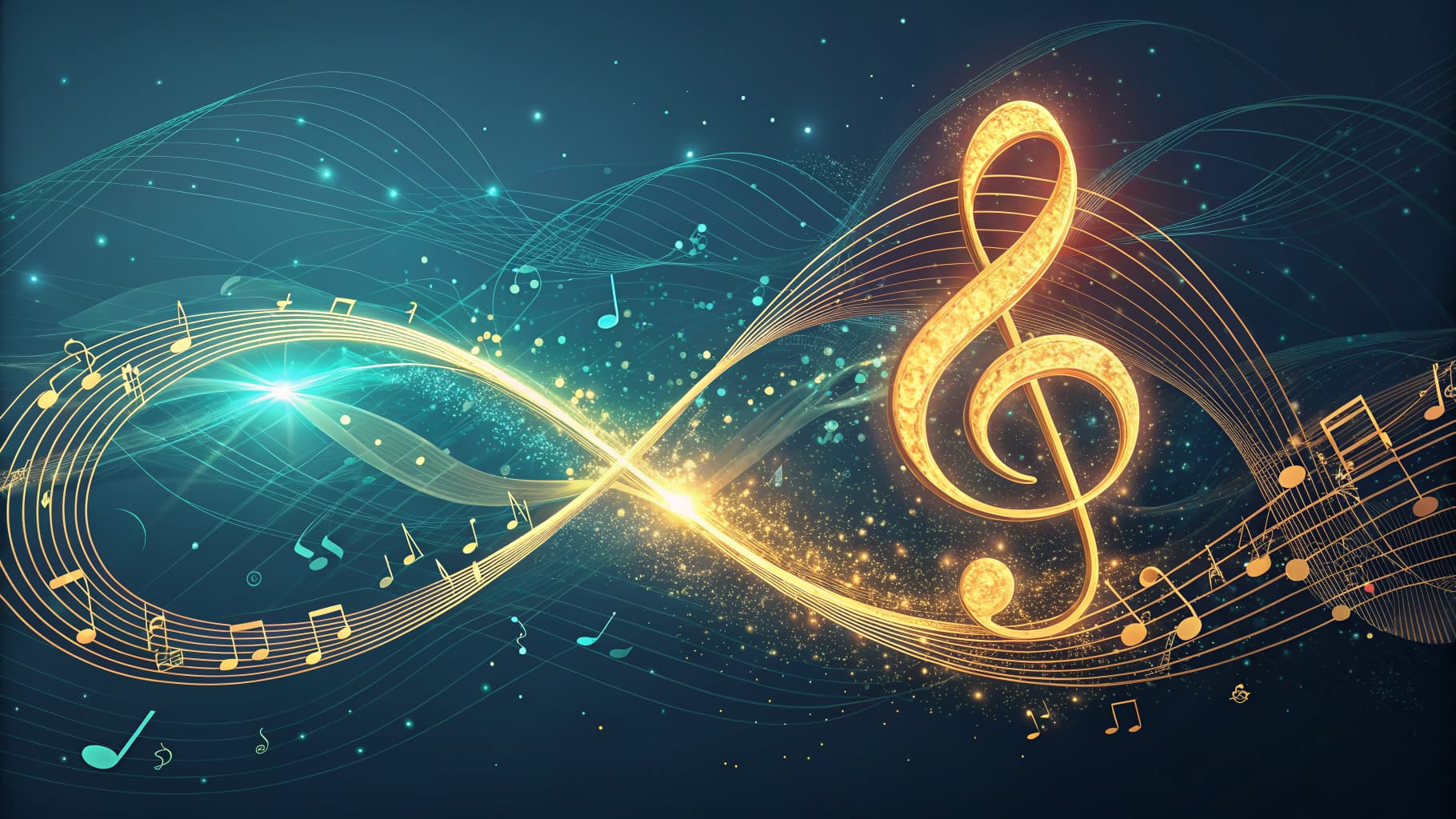 Glowing golden treble clef and musical notes on a dark blue background with sparkling light trails.